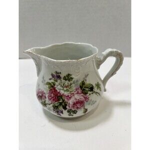 Vtg Sm Ceramic Country Farmhouse Water Milk Pitcher Creamer Roses Floral Pattern